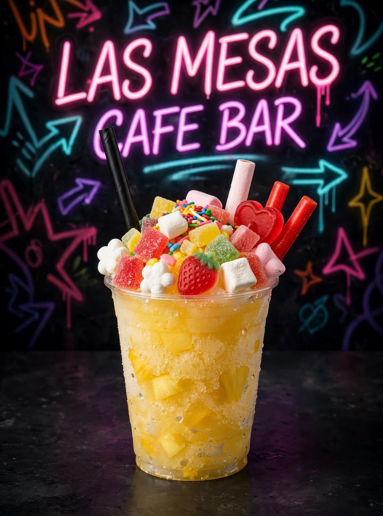 Bebida fría de fruta con toppings dulces