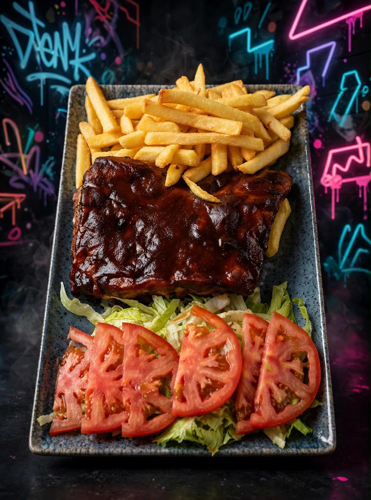 Costillas BBQ servidas con papas fritas y ensalada